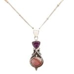 92.5 sterling silver designer necklace adorn with a designer pendant with two purple & peach colored studded amethyst & rhodochrosite natural gemstones