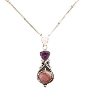 92.5 sterling silver designer necklace adorn with a designer pendant with two purple & peach colored studded amethyst & rhodochrosite natural gemstones