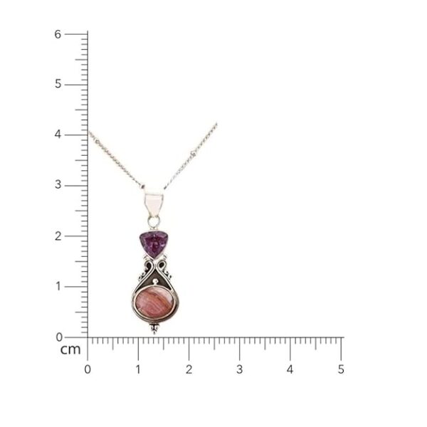 92.5 sterling silver designer necklace adorn with a designer pendant with two purple & peach colored studded amethyst & rhodochrosite natural gemstones