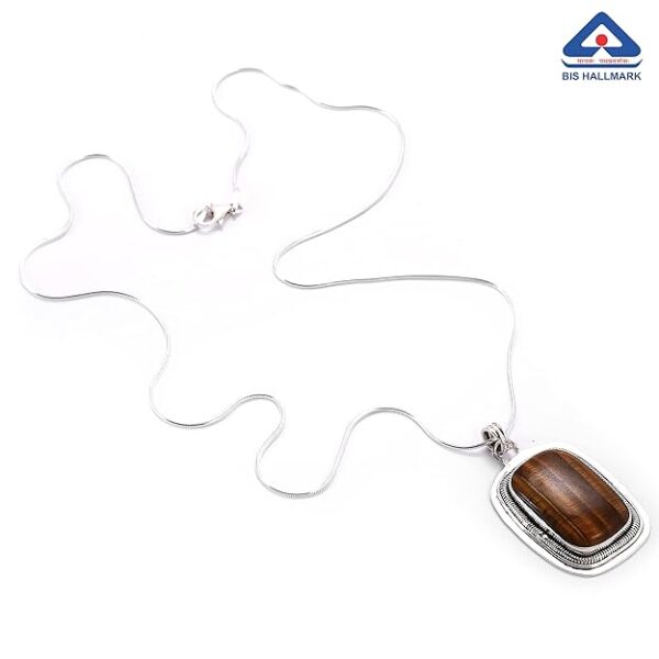 92.5 sterling silver designer necklace adorned with a designer pendant colored studded natural tiger eye gemstones