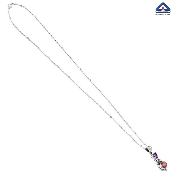 92.5 sterling silver designer necklace adorn with a designer pendant with two purple & peach colored studded amethyst & rhodochrosite natural gemstones