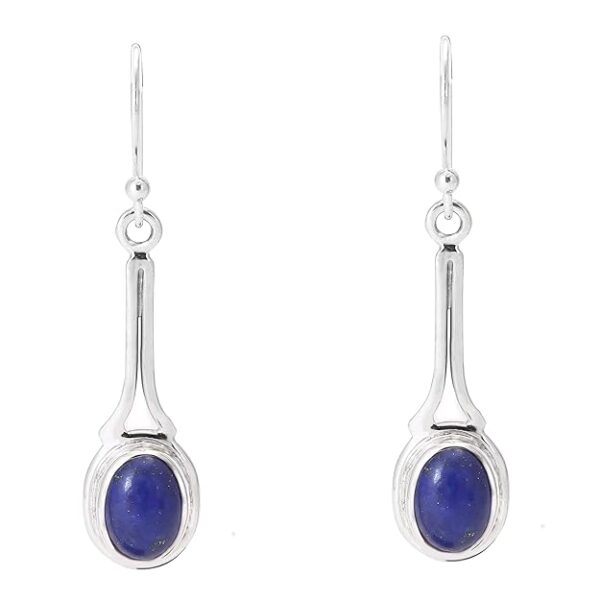 925 sterling silver oval shaped natural blue lapis gemstone studded vintage designer earrings with fish hook