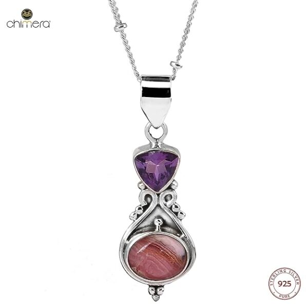 92.5 sterling silver designer necklace adorn with a designer pendant with two purple & peach colored studded amethyst & rhodochrosite natural gemstones