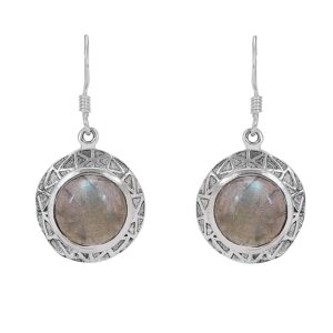 stylish 925 sterling silver dangle & drop elegant earrings studded with aesthetically designed round shaped beige natural gemstone for women and girls
