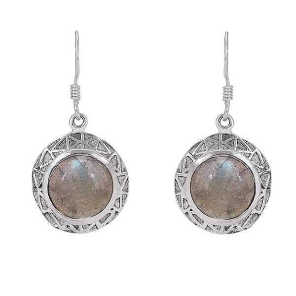 stylish 925 sterling silver dangle & drop elegant earrings studded with aesthetically designed round shaped beige natural gemstone for women and girls