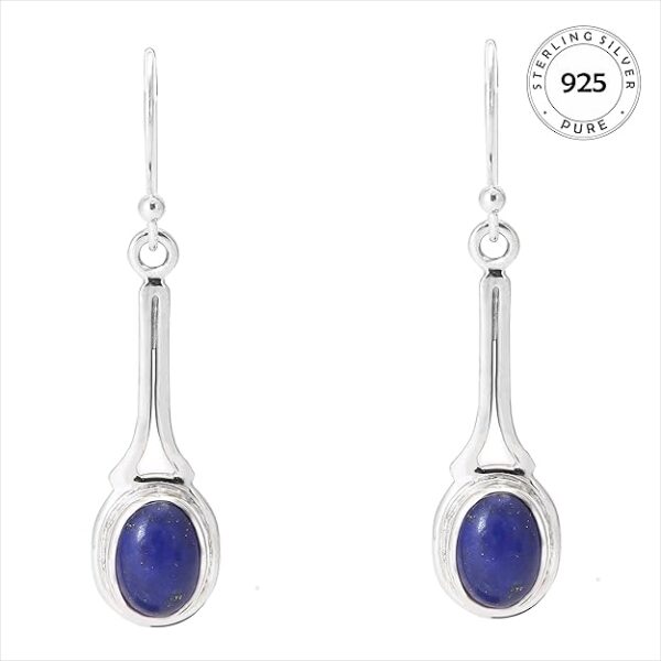 925 sterling silver oval shaped natural blue lapis gemstone studded vintage designer earrings with fish hook