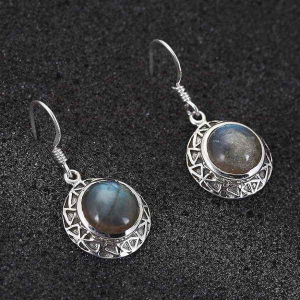 stylish 925 sterling silver dangle & drop elegant earrings studded with aesthetically designed round shaped beige natural gemstone for women and girls