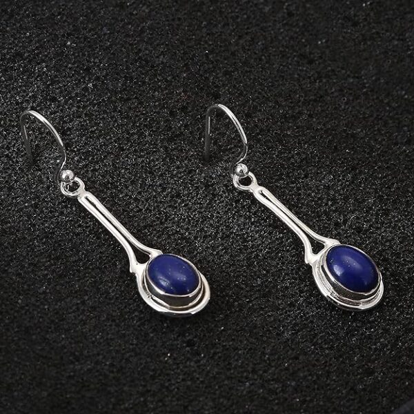 925 sterling silver oval shaped natural blue lapis gemstone studded vintage designer earrings with fish hook