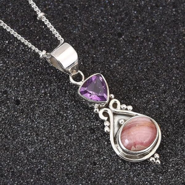 92.5 sterling silver designer necklace adorn with a designer pendant with two purple & peach colored studded amethyst & rhodochrosite natural gemstones